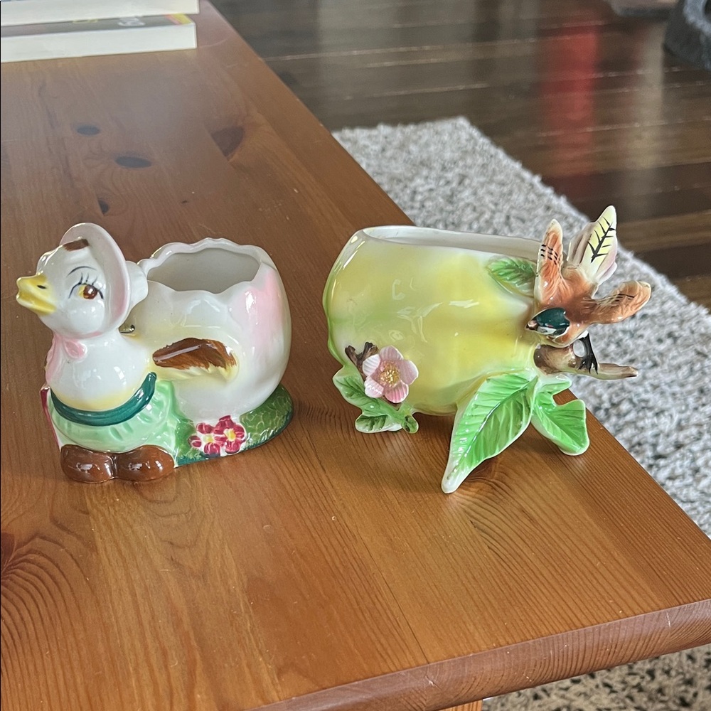 Whimsical Ceramic Duck and Floral Planter Set - Japan made.